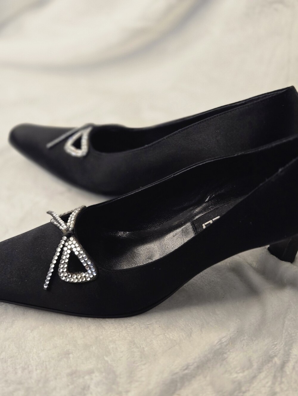 Vaneli Black Satin Pointed Toe Heels with Crystal Bow